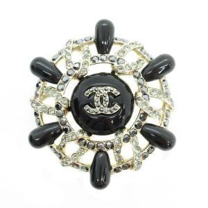 18A ブローチ 舵デザイン マリン CCロゴ ココマーク ラインストーン ブラック シャンパンゴールド