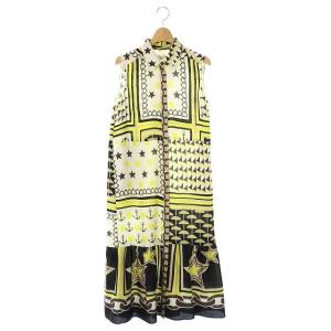 20SS マリンプリントシャツワンピース ノースリーブ ロング フリル 総柄 36 アイボリー 黄 茶 イエロー ブラウン