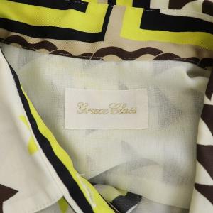 Grace Class 20SS マリンプリントシャツワンピース ノースリーブ ロング フリル 総柄 36 アイボリー 黄 茶 イエロー ブラウン