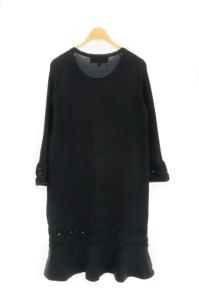 PAULE KA カットワークニットワンピース 長袖 ミモレ丈 フレア プルオーバー S 黒 ブラック