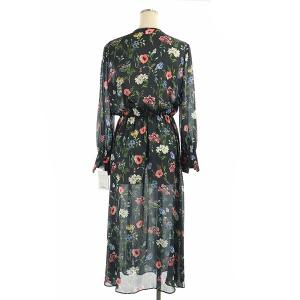 ANAYI 20SS ボタニカルフラワープリントクルーワンピース ロング 長袖 38 紺 ネイビー