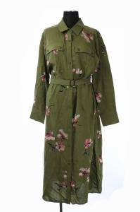 19AW 花柄刺繍シャツワンピース 長袖 ロング ベルト付き 36 緑 カーキ