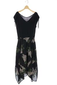 21SSフラワー刺繍フレアニットワンピース 36 ブラック