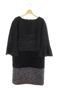 ラメ ビジュー切り替えワンピース 膝丈 長袖 38 黒 ブラック