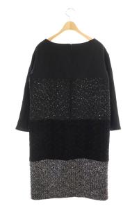GRACE CONTINENTAL ラメ ビジュー切り替えワンピース 膝丈 長袖 38 黒 ブラック