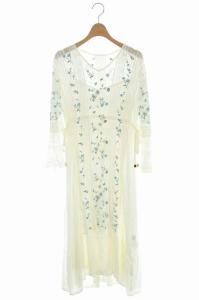 21SS 小花刺繍ニットワンピース 長袖 ロング 36 白 青 ホワイト ブルー