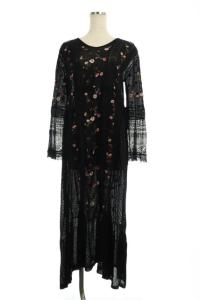 21SS ニットワンピース セミフレア レース 花柄刺繍 Vネック 36 ブラック