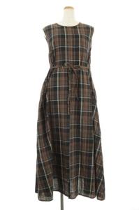 チェック柄ノースリーブワンピース ロング フレア リボンベルト S 茶 ブラウン