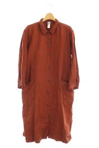 シャツワンピース ロング 長袖 リネン混 2 赤 茶 テラコッタ
