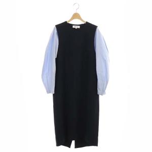 20SS ダブルクロスコンビドレスワンピース ロング 切替 長袖 38 濃紺 水色 ダークネイビー ライトブルー