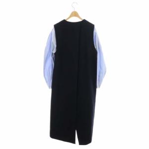 ENFOLD 20SS ダブルクロスコンビドレスワンピース ロング 切替 長袖 38 濃紺 水色 ダークネイビー ライトブルー