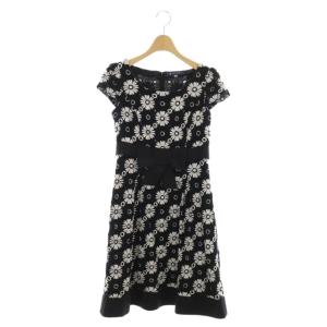 ワンピース フラワー刺繍 膝丈 花柄 切替 ブラック ホワイト