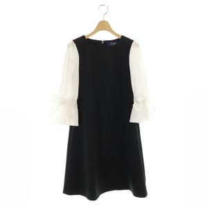 ワンピース フレアブラウス袖 膝丈 七分袖 八分袖 Aライン 切替 36 黒 白 ブラック ホワイト