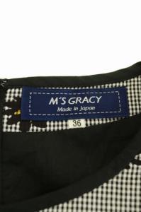 M'S GRACY 20年製 花柄プリントワンピース 膝丈 ギンガムチェック リボンベルト付き ブラック ホワイト