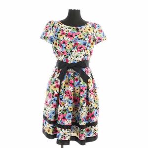 フラワー柄ワンピース ひざ丈 半袖 リボンベルト付き 38 マルチカラー