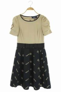 ワンピース リボン刺しゅう 切替 ドッキング ロング 半袖 パフスリーブ フレア 38 モカ 黒 ブラック