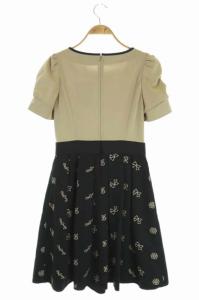 M'S GRACY ワンピース リボン刺しゅう 切替 ドッキング ロング 半袖 パフスリーブ フレア 38 モカ 黒 ブラック