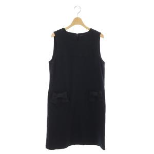 ノースリーブワンピース リボンポケット 膝丈 キーネック 40 紺 ネイビー