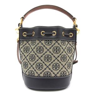 TORY BURCH 21SS Tモノグラムジャカードミニバケットバッグ ショルダーバッグ ハンドバッグ 2way 切替 巾着 紺 ネイビー