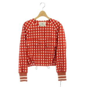 チェックリブブルゾン ジャケット ノーカラー ジップアップ 総裏地 36 赤 レッド