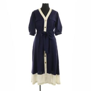 20SS リネンタッチバイカラーワンピース ロング 半袖 ベルト付き 36 紺 白 ネイビー ホワイト