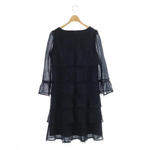 M'S GRACY フリルワンピース 膝丈 長袖 ティアード コサージュ付 40 紺 ネイビー