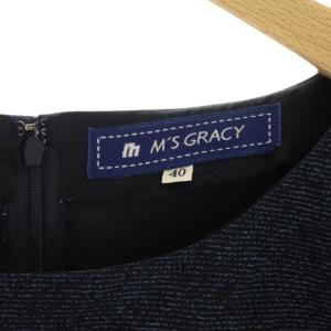M'S GRACY フリルワンピース 膝丈 長袖 ティアード コサージュ付 40 紺 ネイビー