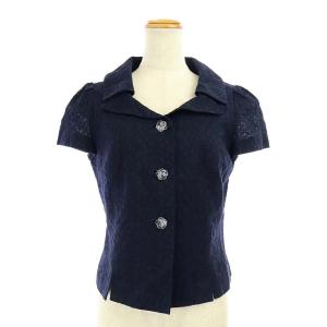 M'S GRACY セットアップ ジャケット カメリアボタン スカート ひざ丈 フレア 花柄レース ネイビー