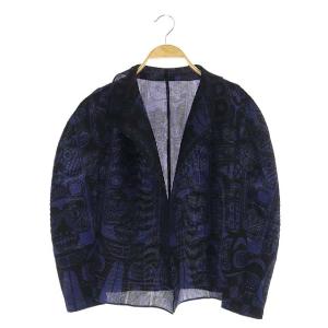 総柄プリーツカーディガン 長袖 ノーボタン 青 黒 ブルー ブラック