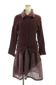 セットアップ 上下 ギンガムチェック切替 シワ加工 カーディガン 長袖 ワンピース ノースリーブ ひざ丈 フレア ワインレッド