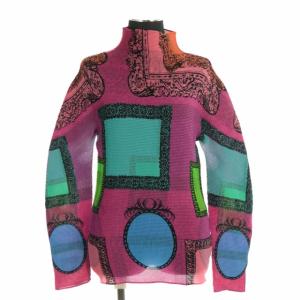 総柄ハイネックプリーツブラウス 長袖 マルチカラー