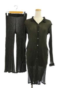 セットアップ 上下 プリーツ ロングカーディガン 長袖 パンツ ワイド フレア ダークグリーン 深緑