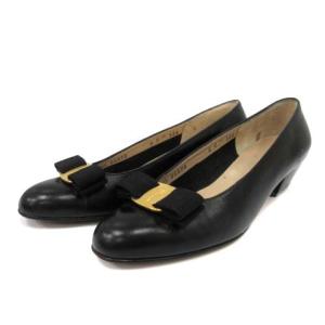 パンプス チャンキーヒール ヴァラ リボンモチーフ レザー 6C 23.5cm 黒 ブラック イタリア製