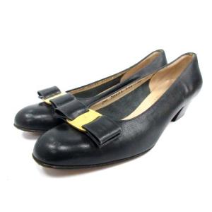 ヴァラ パンプス リボン ラウンドトゥ チャンキーヒール レザー 牛革 イタリア製 6.5 24.0cm ゴールド色 黒 ブラック