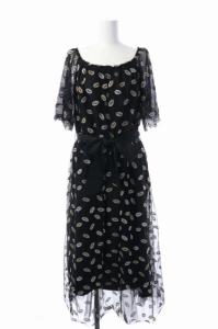 20AW チュールドレス リップモチーフ 刺繍 半袖 フレア ロング ベルトリボン ラウンドネック 36 黒 ブラック