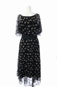 Grace Class 20AW チュールドレス リップモチーフ 刺繍 半袖 フレア ロング ベルトリボン ラウンドネック 36 黒 ブラック