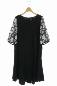 20SS 袖花柄ワンピース ロング 七分袖 裾フレア インナー付き 46 黒 ブラック