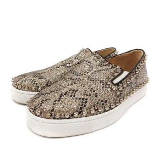 Christian Louboutin スリッポン パイソン柄 グリッター スタッズ 35 22cm ブラウン