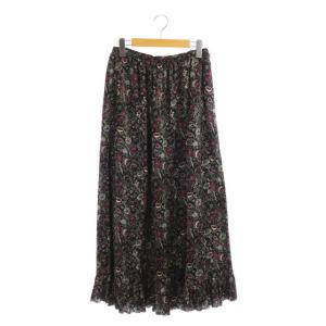 ティアードスカート シルク クレーププリント フレア 切替 フリル 36 ブラック