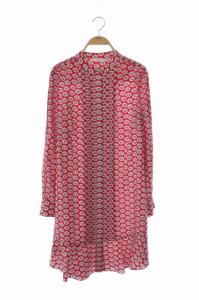 花柄シルクロングブラウス シャツ チュニック バンドカラー 長袖 2 赤 白 レッド ホワイト