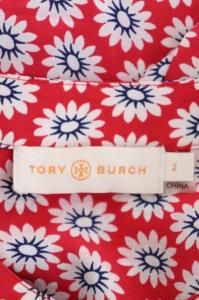 TORY BURCH 花柄シルクロングブラウス シャツ チュニック バンドカラー 長袖 2 赤 白 レッド ホワイト