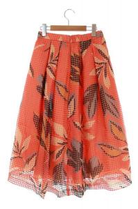 GRACE CONTINENTAL メッシュフラワープリントスカート ロング ミモレ フレア タック 38 オレンジ
