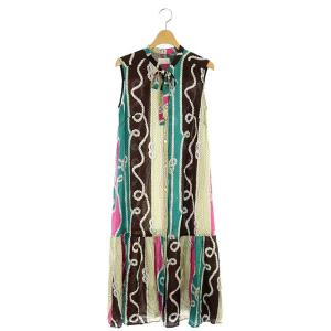 20SS マリンプリントボウタイワンピース ロング ミモレ ノースリーブ バンドカラー 総柄 36 マルチカラー