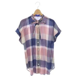 シャツ バンドカラー リボン チェック マルチカラー