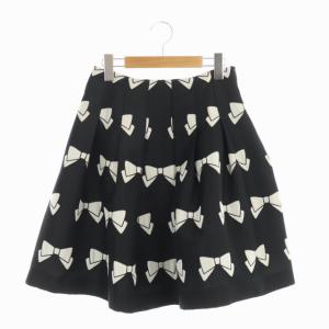 スカート フレア ひざ丈 リボン柄 38 黒 ブラック