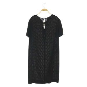PRADA 総柄ワンピース ひざ丈 切替 半袖 40S 黒 ブラック 