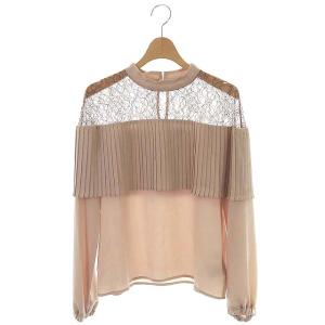 19AW プリーツレイヤードトップ ブラウス 長袖 プルオーバー レース バックリボン ハイネック 36 スモークピンク