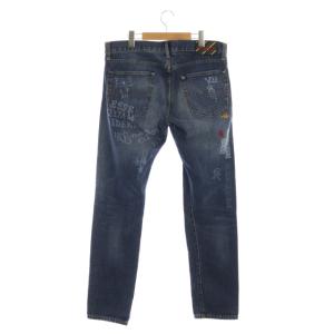 POLO RALPH LAUREN 加工プリントワッペンデニムパンツ テーパード ボタンフライ 33×32 ブルー