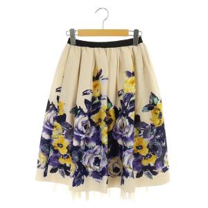 ギャザースカート ひざ丈 花柄 フラワー 38 ベージュ