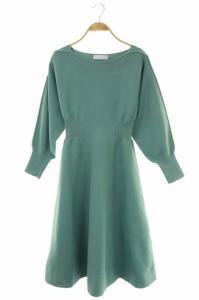 21SS ホールガーメントワンピース ニット ロング 長袖 フレア ドルマン ボートネック 38 ミントグリーン